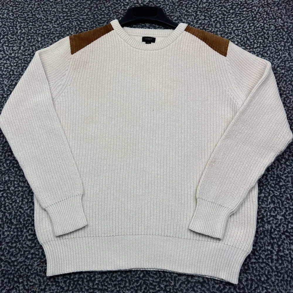 J. Crew Fisherman Sweater Men Medium Knit Pullover Suede Shoulder Patch Cotton M